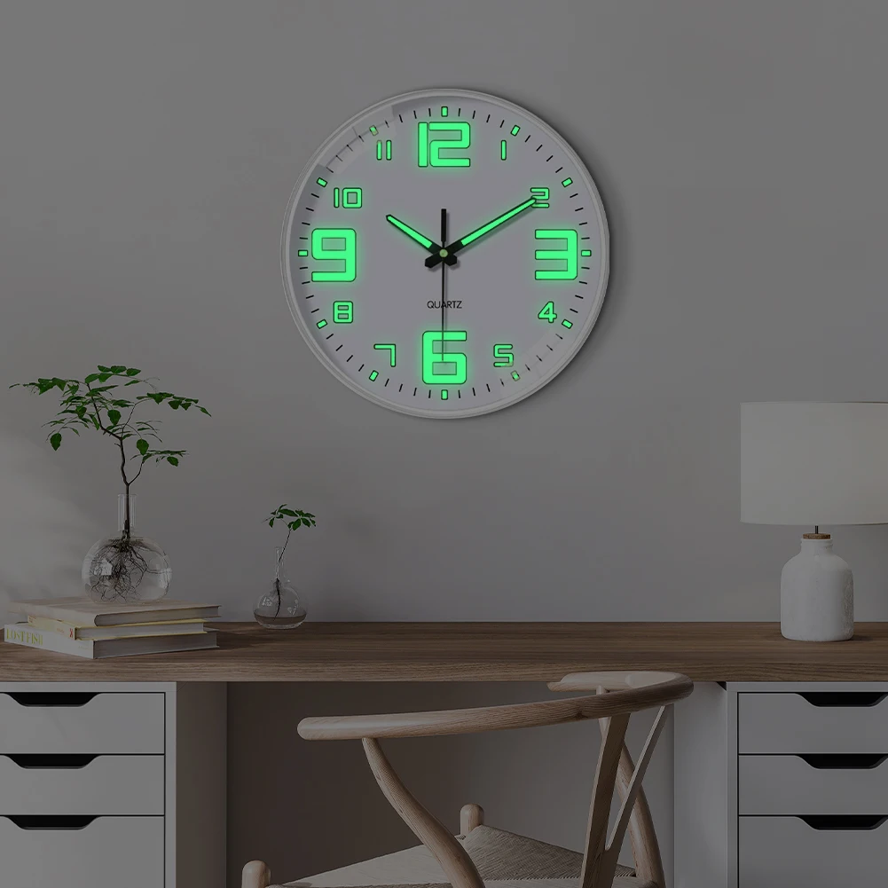 Relojes de pared que brillan en la oscuridad de 8 pulgadas con pilas, silenciosos, sin tictac, para sala de estar, dormitorio, cocina, oficina y escuela