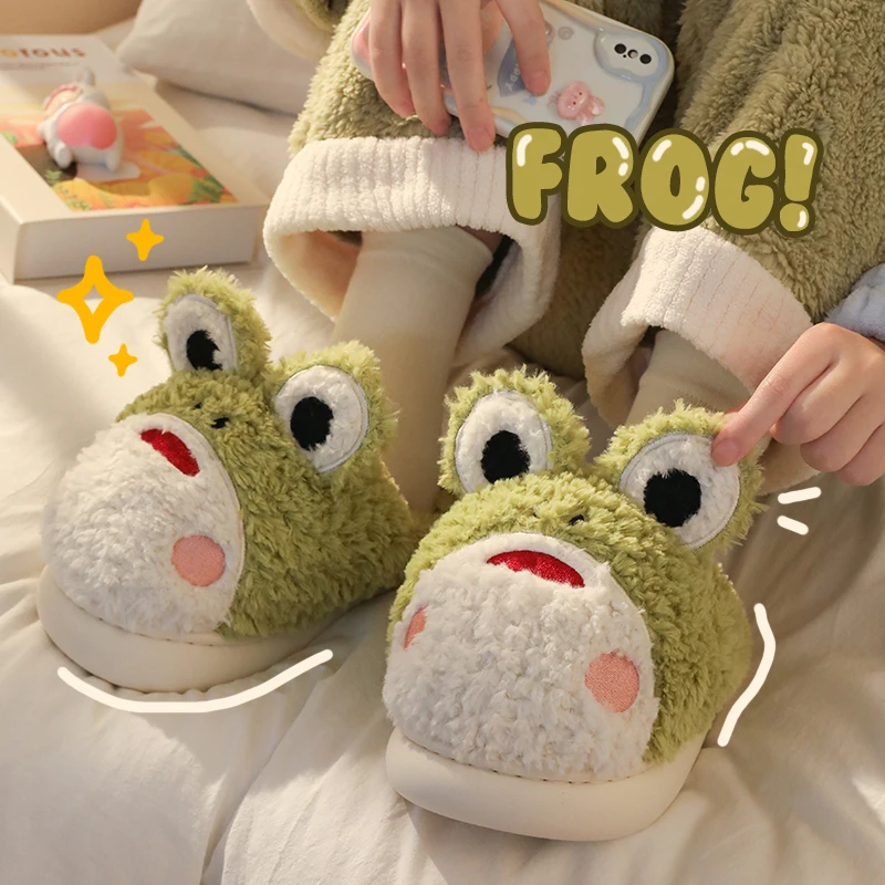 Cute Frog Cotton Home Slippers For Women In Winter Cute Cartoon Indoor Home Frog Fur Thick Bottom Warm Winter Slippers For Men