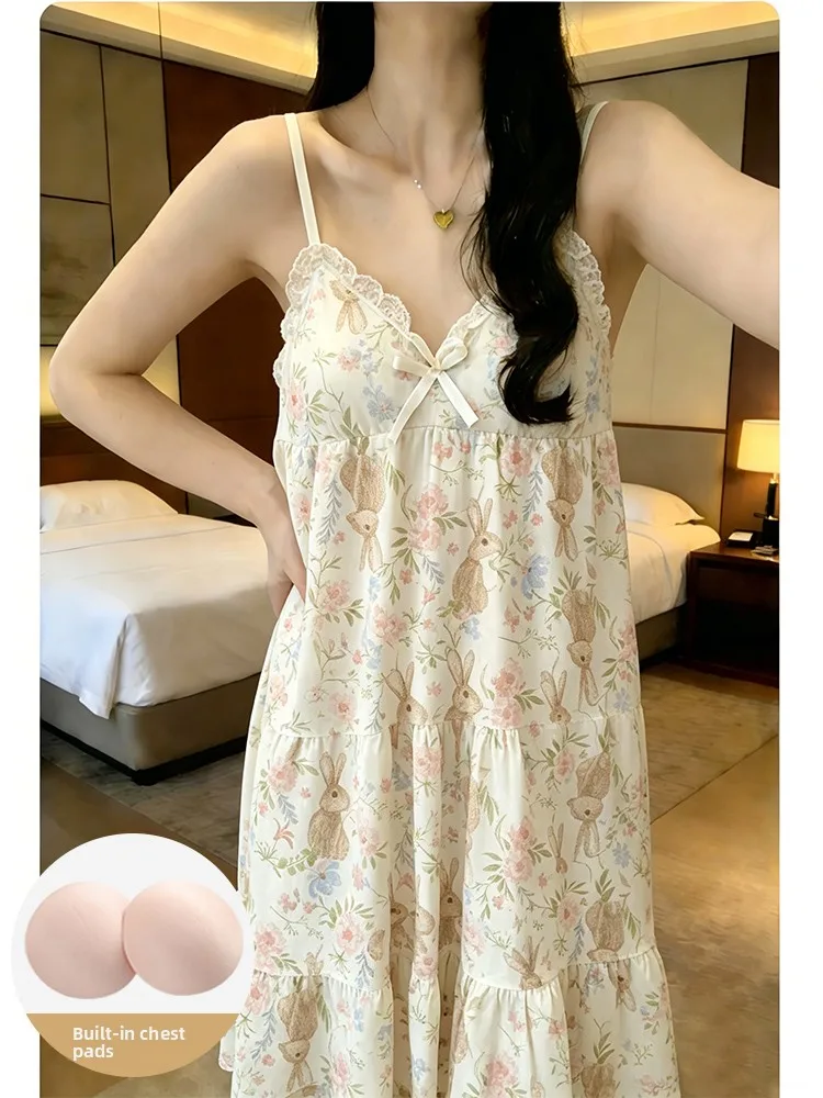 Sweet Style Women's Summer Sleepwear with Built-in Bra Home Clothes Dress V-neck Mid-length Sleeveless Popular Internet Red