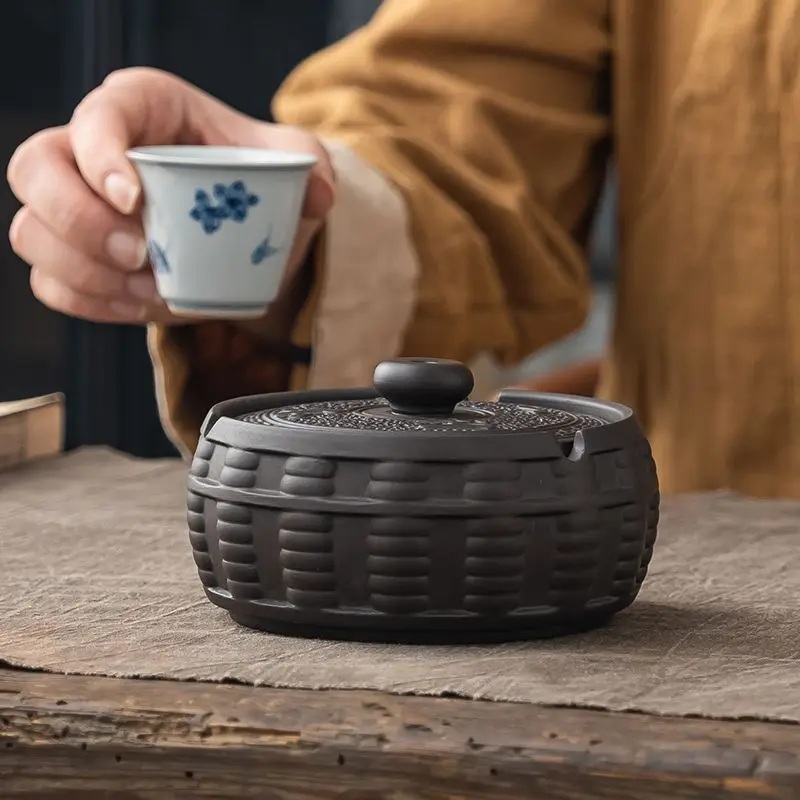 Zisha Yiben Wanli Lid Ashtray Vintage High-end Household Living Room Coffee Table Anti-flying Dustproof Ashtray