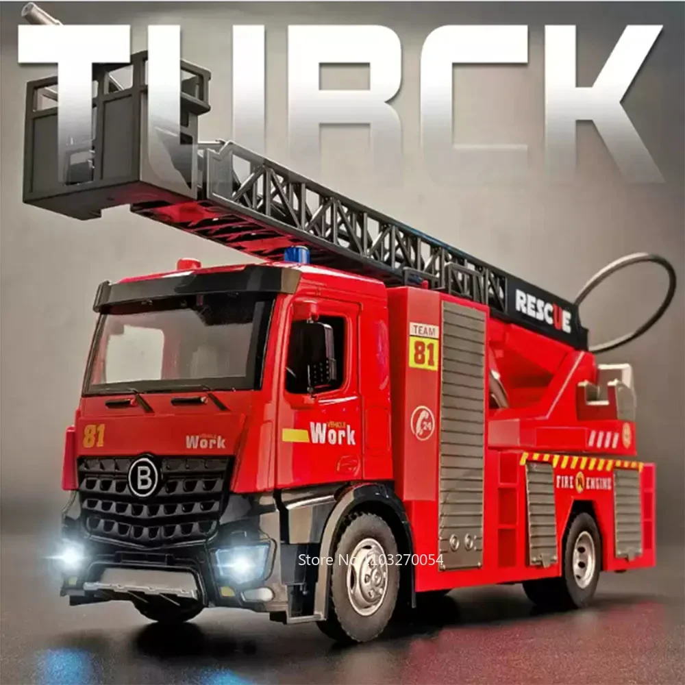 1:18 Water Tanker Alloy Ladder Fire Truck Model Toys Car Diecast Metal Engineering Vehicle Doors Opened Sound Light Toy Boy Gift