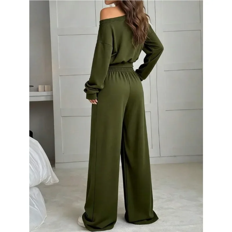 Wide-leg Pants Casual Sweatshirt Set Are Versatile. The New Autumn Women's Fashion Long-sleeved Off-the-shoulder High-waisted.
