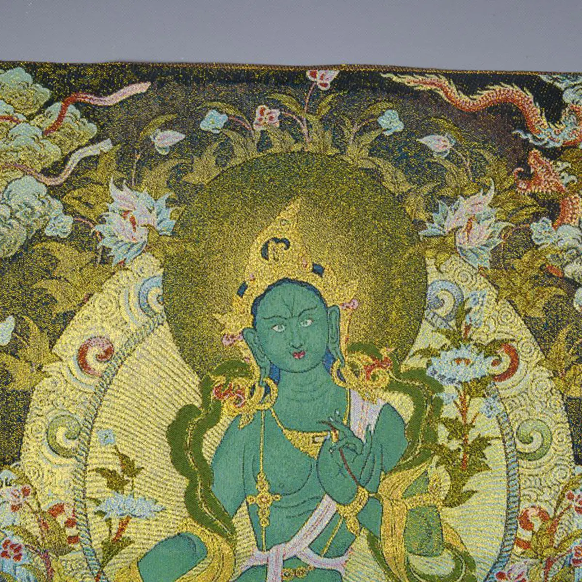 Silk Tapestry Embroidery Painting Classic Ornament Thangka Green Tara Statue Tibetan Buddha