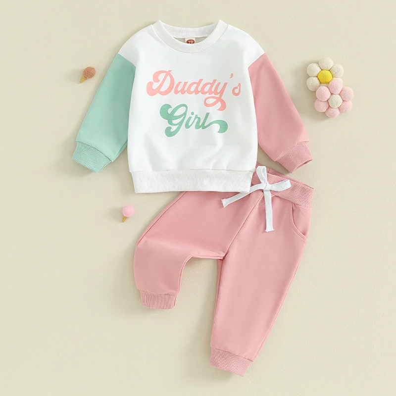 

Baby Girls Fall Outfits Letter Print Crew Neck Contrast Color Long Sleeve Sweatshirts Long Pants 2Pcs Clothes Set