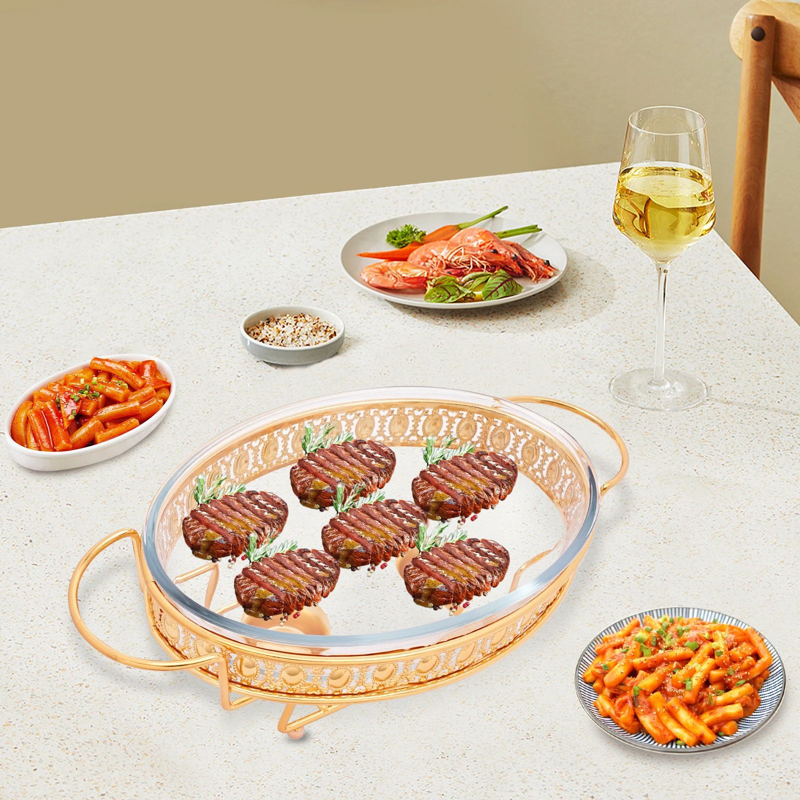 

Professional Gold Oval Table Standing Chafing Dish Set, 2L/2.11qt Stainless Steel & Glass Buffet Food Warmer, Catering Supplies