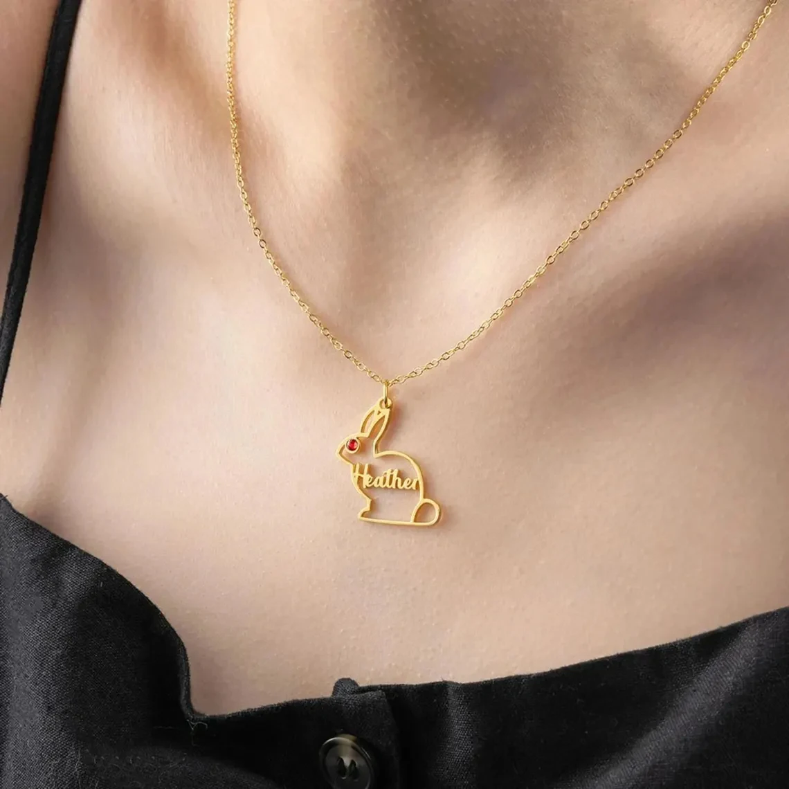 

Customized Name Rabbit Necklace with Birthstone for Women StainlessSteel Personalized Shiny Stone Necklace Birthday Jewelry Gift