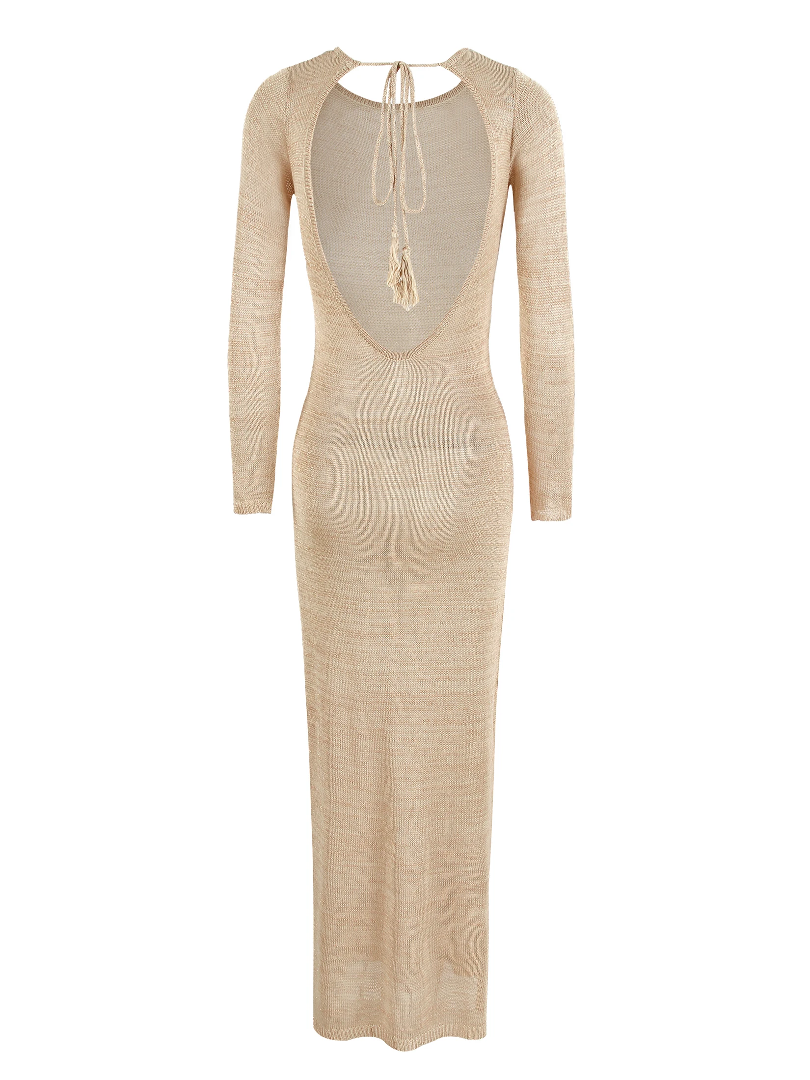 Sexy Knit Beach Dress 2025 Summer Women See-through Slim Backless Tassel Tie-up Long Sleeve Slit Gorgeous Maxi Dresses K65