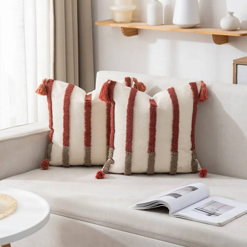 1PC Jacquard Embroidery Patterns Throw Pillowcase Cojines Canvas Tufted Tassel Decor Sofa Cushion Cover Headboard Pillow Covers view 2