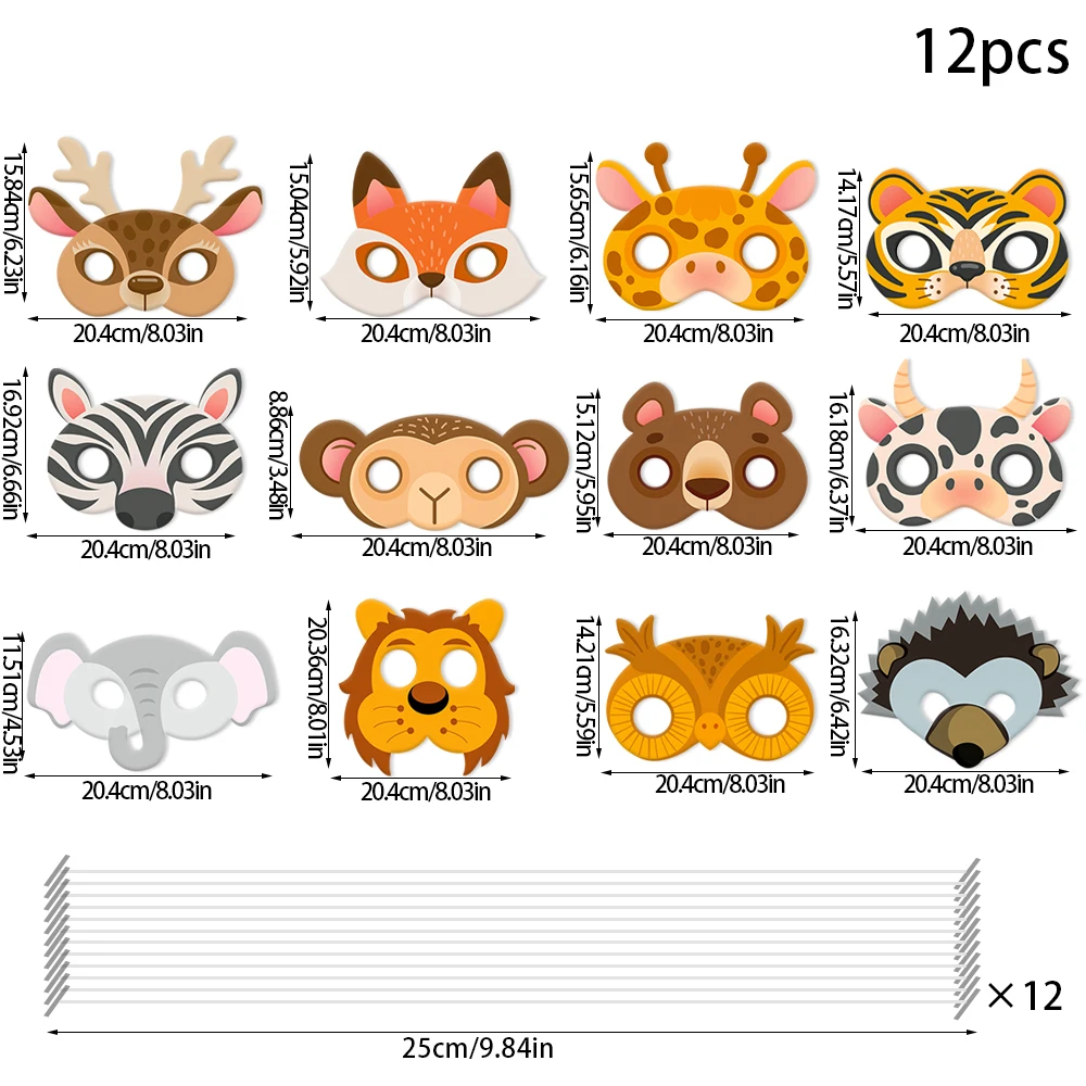 12 قطعة من أقنعة حيوانات سفاري المختلطة للأطفال في حديقة حيوان الغابة وأقنعة كرتونية لتزيين حفلات أعياد الميلاد على شكل حيوانات الغابة