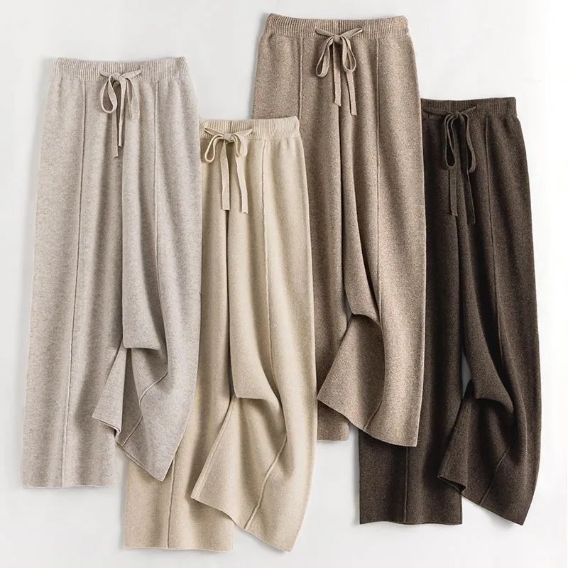 

Женские повседневные брюки с высокой талией, широкими штанинами, из шерстяного трикотажа, твидовые, прямого кроя, осенне-зимние, модные, для офиса