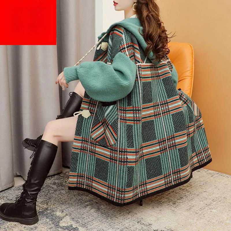 Plus Size Fat Mm200 Kg Long Horn Buckle Sweater Cardigan Women'S Retro Plaid Autumn And Winter New Coat