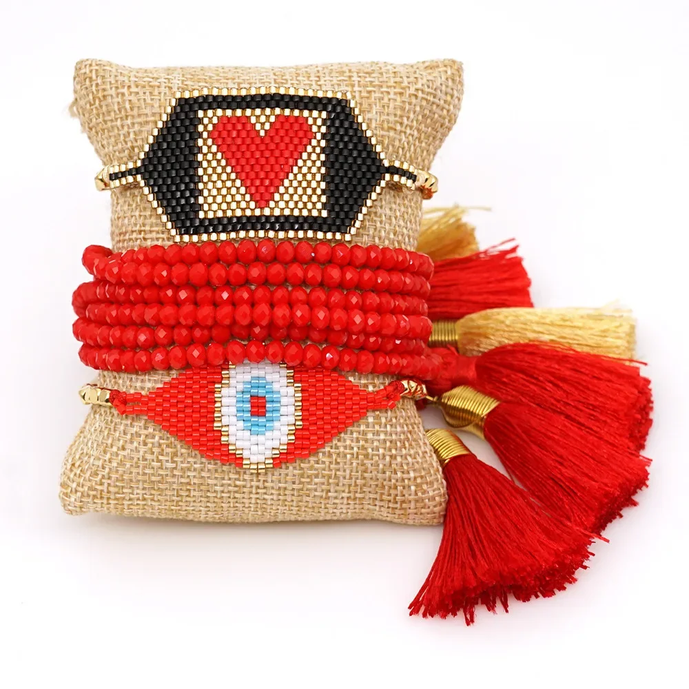 Rice bead bracelet Heart Devil's eye Design Hand knitting  Crystal Multilayer Bohemia Adjustable  Fashion Beaded bracelet set