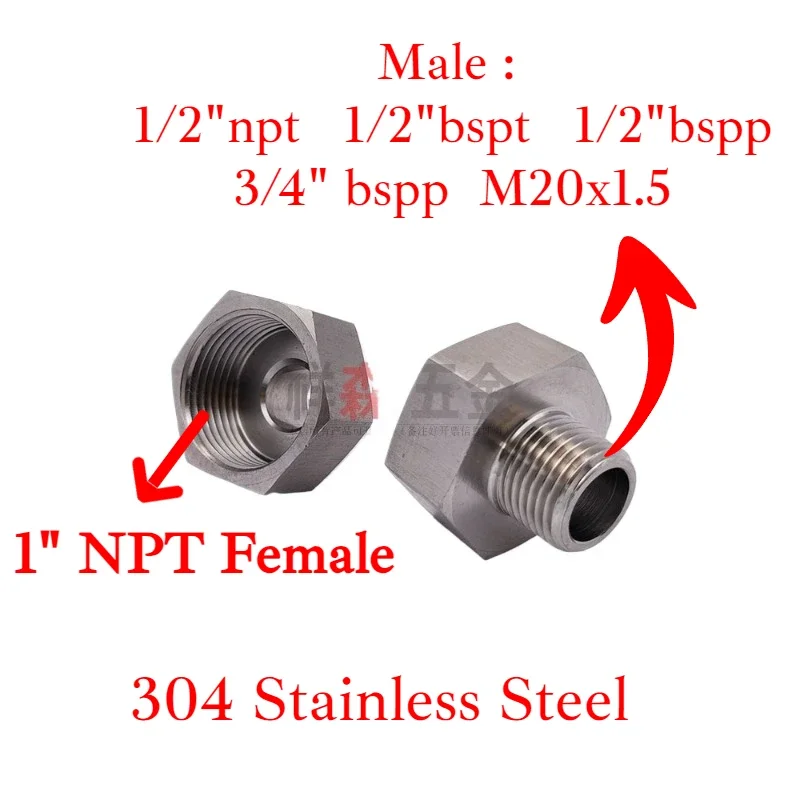 Шестигранная переходная втулка NPT с внутренней резьбой M20 1/2 дюйма 3/4 дюйма BSP NPT, переходная втулка из нержавеющей стали 304, фитинг высокого давления для манометра