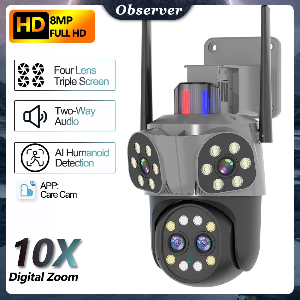 Four Lens Three Screen WIFI Camera Outdoor 4K 8MP 10x Digital Zoom IR Night Vision PTZ Cam Auto Tracking Video Surveillance CCTV