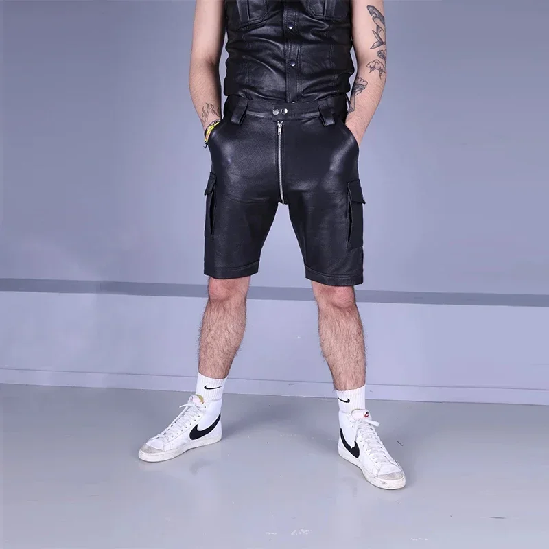 

Men's Matte Leather Cargo Pants with Pocket Sexy Exotic Low Waist Two-way Zip Open Crotch Shorts Male Hot Pants Clubwear Custom