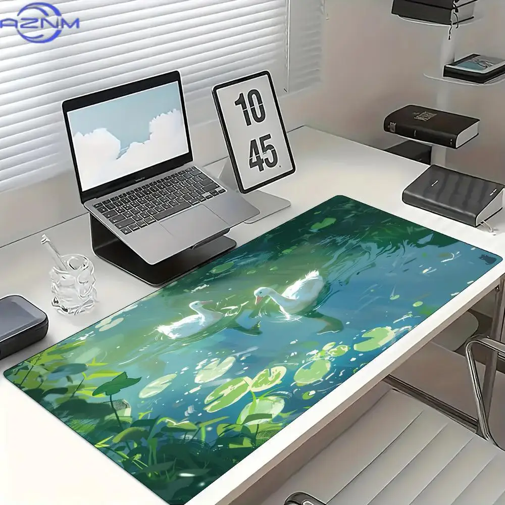 White Goose Water Lily Pond Mouse Pad Large Rubber Non-slip PC Desk Accessories Mousepad for Office and Gamer Keyboard Decor Mat