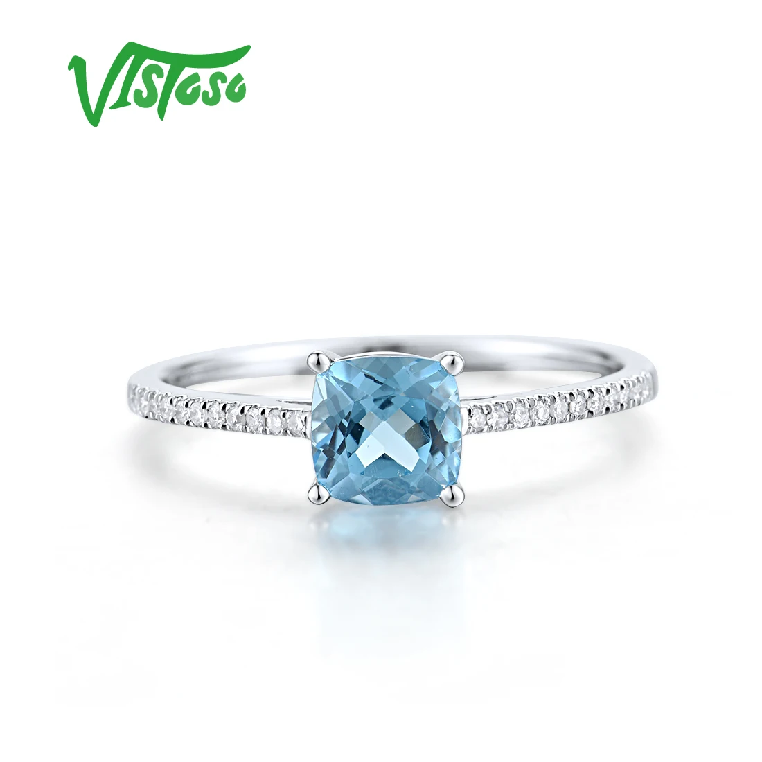 VISTOSO Genuine 14K 585 White Gold Stackable Ring For Women Sparkling Diamonds Blue Topa Tapper Wedding Anniversary Fine Jewelry