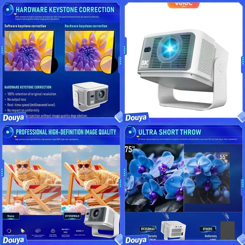 Velec HY350 MAX Projector 900 ANSI Lumens Native 1080P 8K Support Android 14 Auto Focus WiFi 6 BT5.4 Outdoor Home Movie