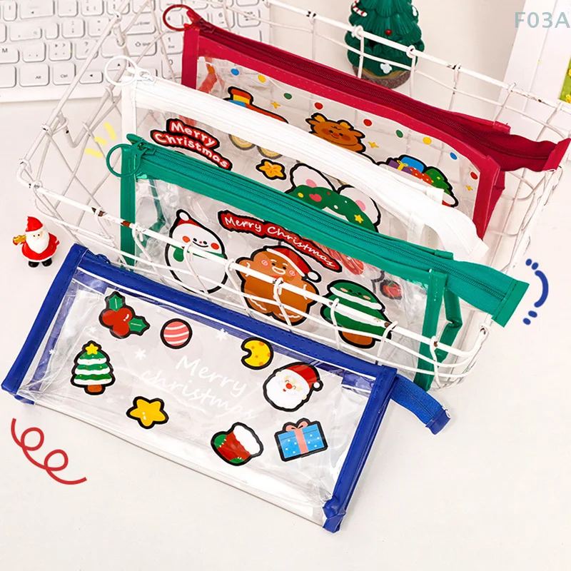 Cute Christmas PVC Pen Case Storage Stationery Bag Pencil Box Transparent Large Capacity Pencil Case Kids Christmas Gift