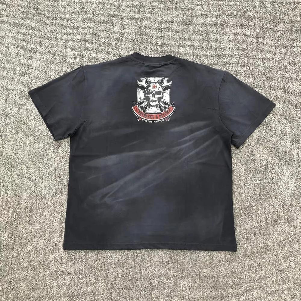 West Coast Choppers T-Shirt 26SS West Coast Motorcycle Retro Custom Car Print Washed Distressed Short Sleeve Men's T-Shirt