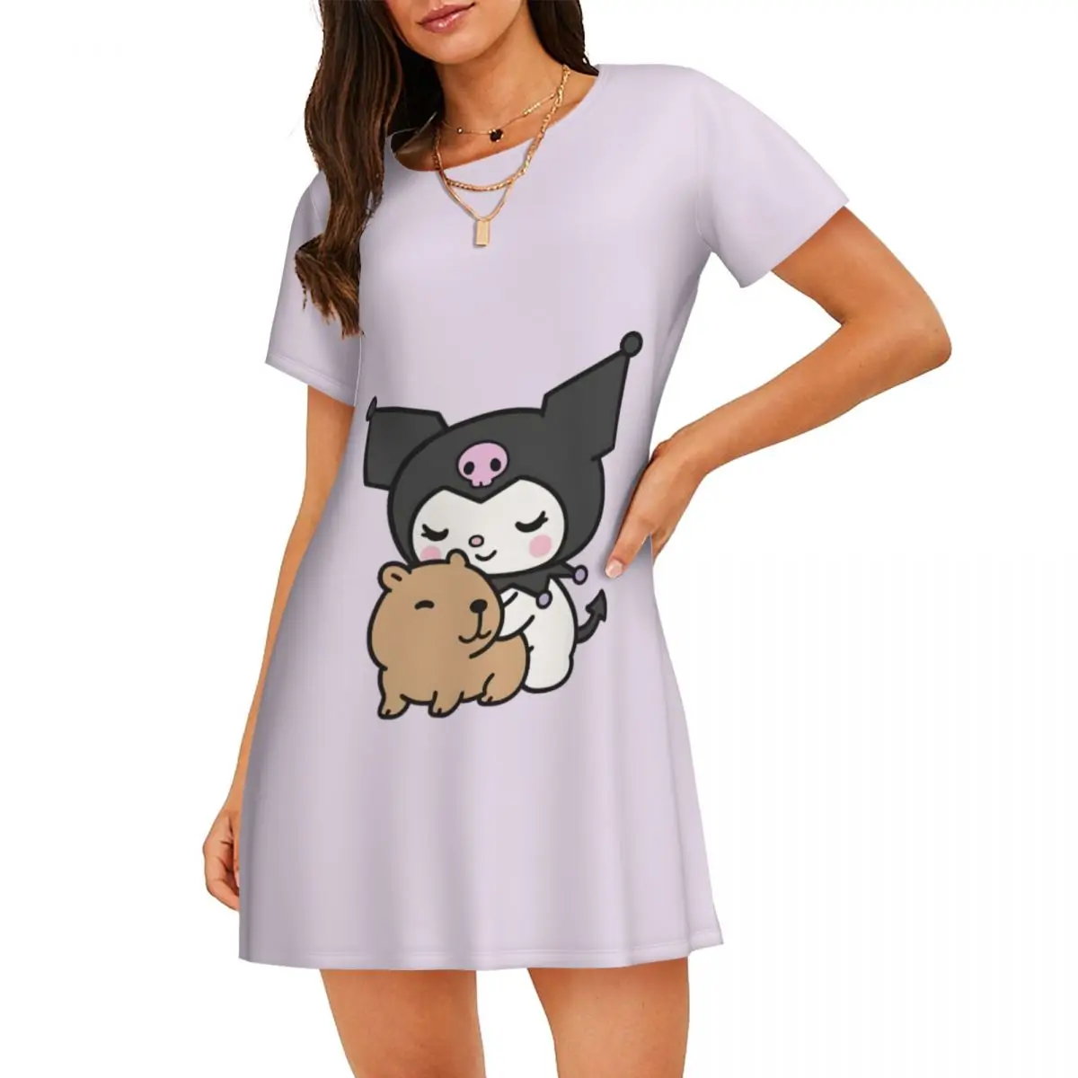 

Custom Fashion Kuromi Women Short Sleeve Nightdress Little Devil Soft Nightdress For Sleeping Nightgown