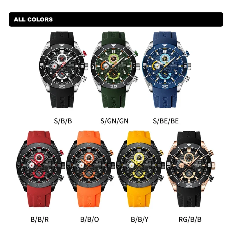 NAVIFORCE Boy Chronograph Clock Casual Wild Waterproof Watch Man’s Sports Quartz  Male Wristwatch Creative Soft Silicone Strap