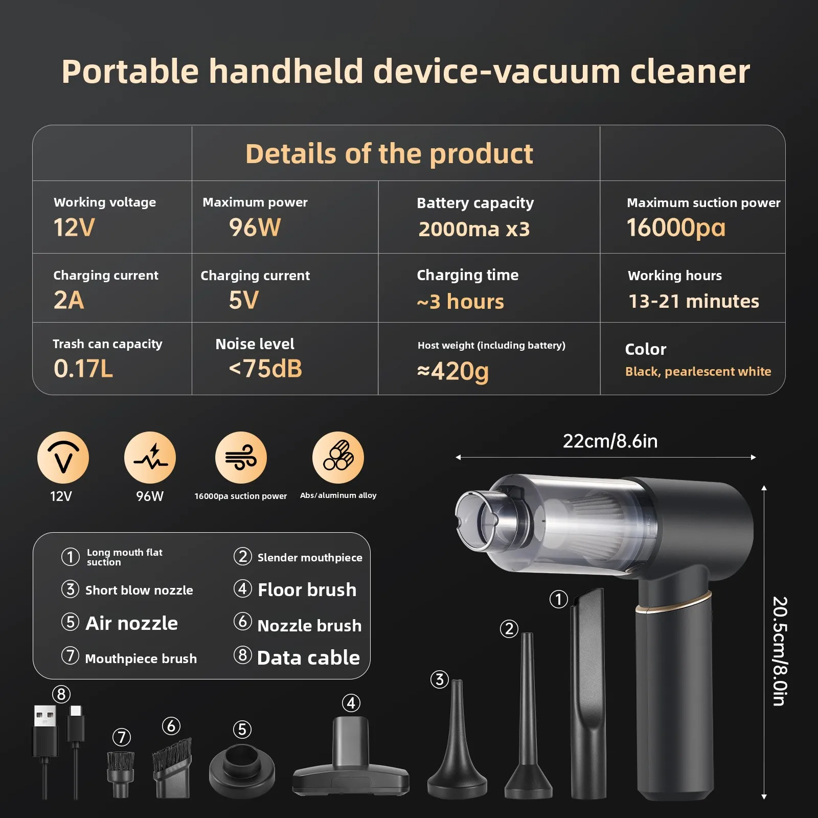 16000PA large suction car vacuum cleaner for car, wireless handheld suction and blowing integrated household car vacuum cleaner