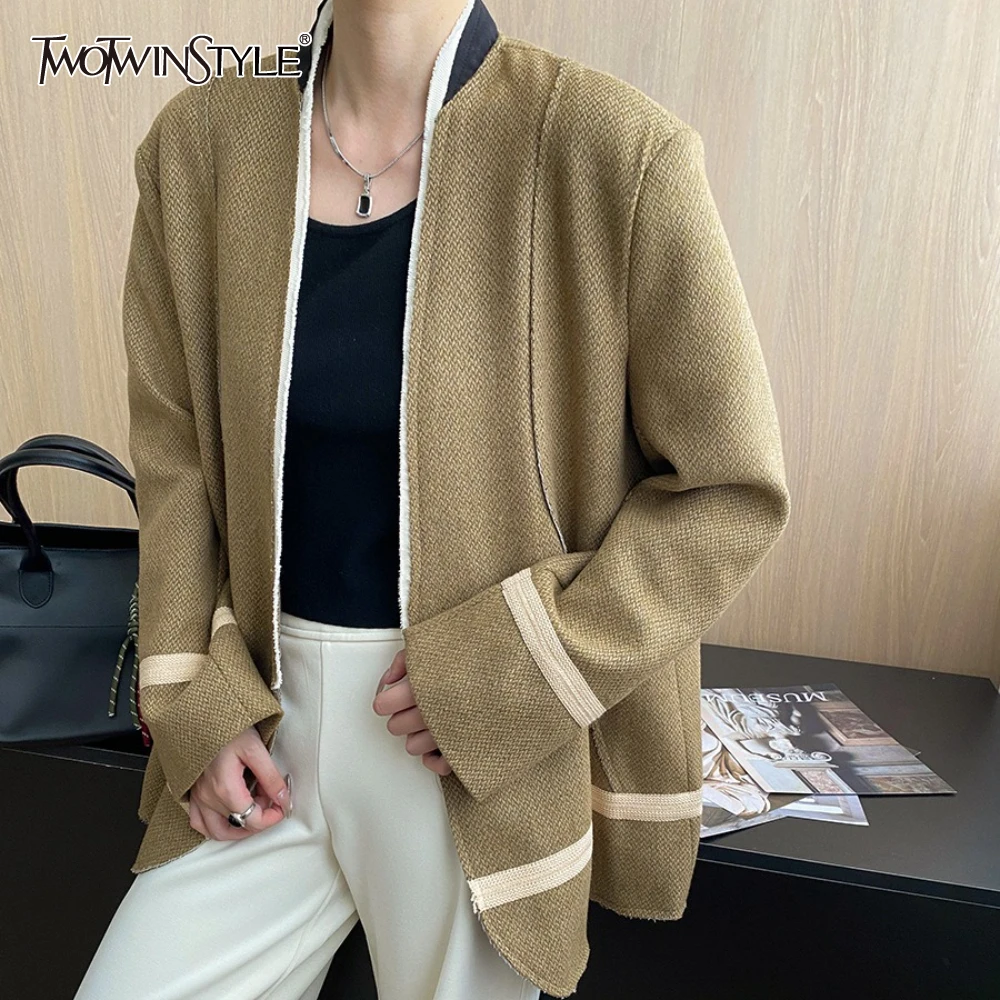TWOTWINSTYLE Camel Spliced Pocket Chic Jacket Female V Neck Long Sleeve Loose Casual Women's Jackets Autumn Fashion Style New