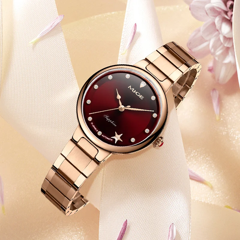 Elegant MIGE Ladies Automatic Watch, Rose Gold Steel Bracelet, Wine Red Dial Starfish Pattern, Rhinestone Index Women Mechanical