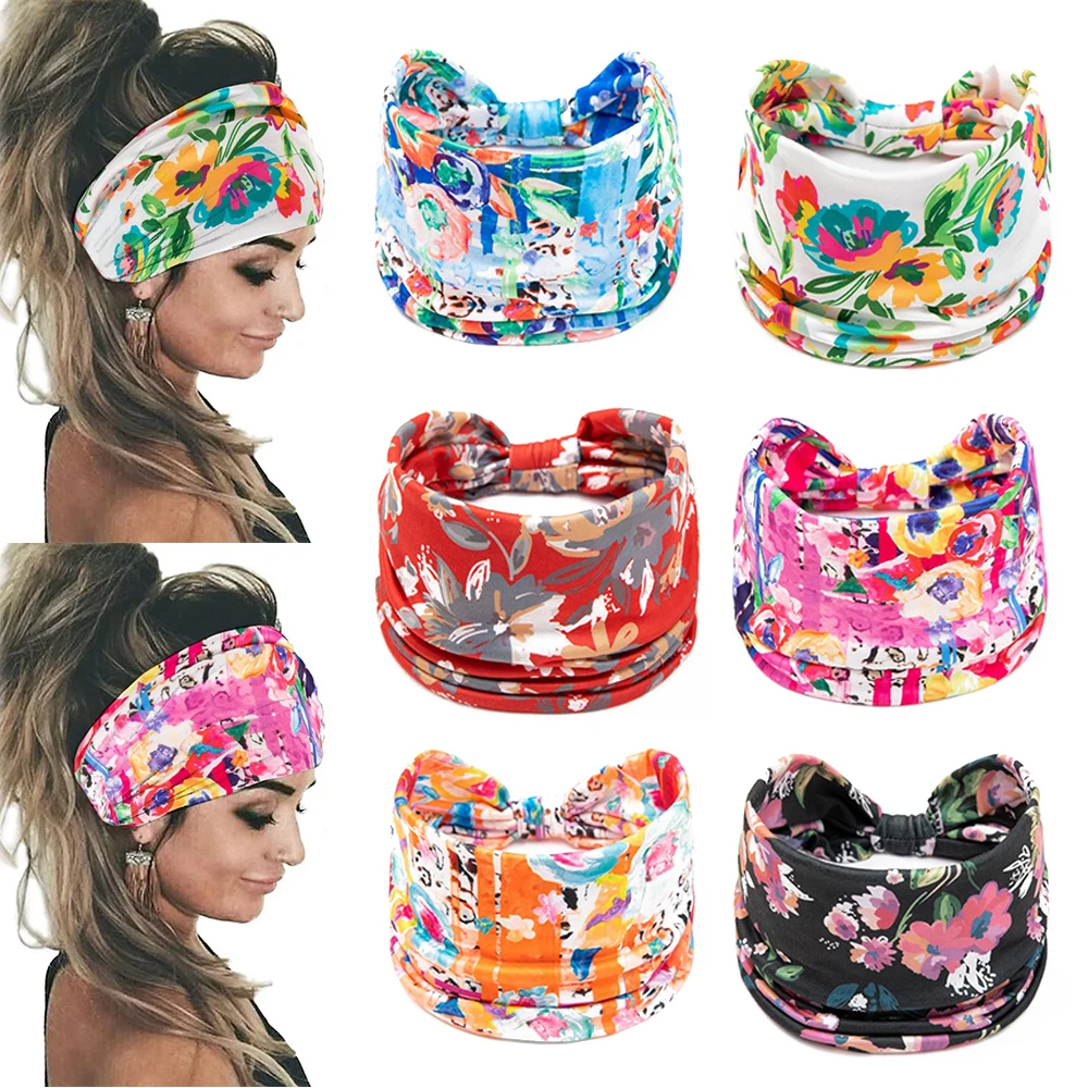 

Boho Women Wide Knotted Hairbands Elastic Turban Head Bands Nonslip Floral Sports Sweatbands Workout Head Wraps Headband