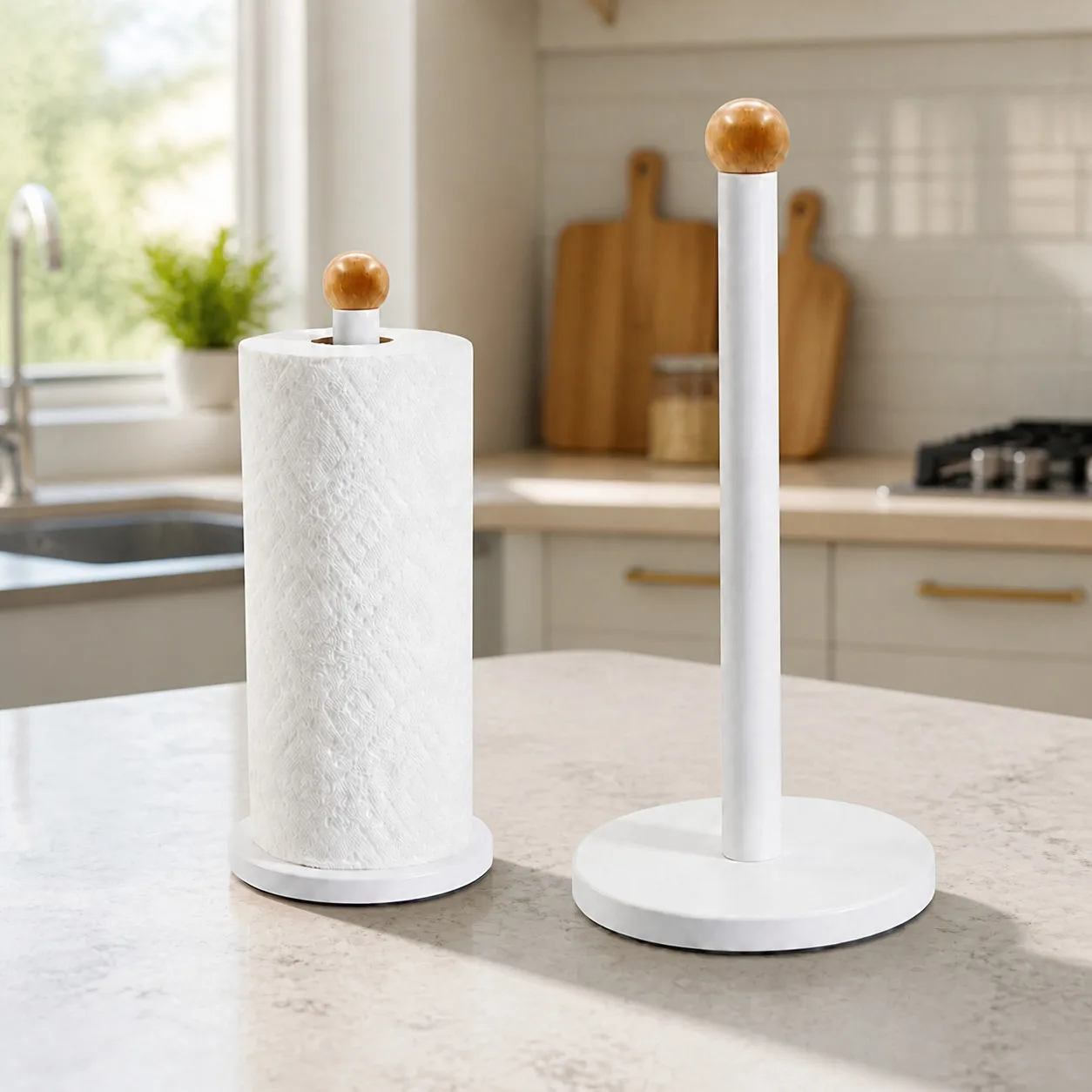 Porte-essuie-tout de cuisine vertical en métal blanc avec base antidérapante en ciment et détails en bois, support d'essuie-tout pour salle de bain et comptoir, design rétro 15x15x35cm