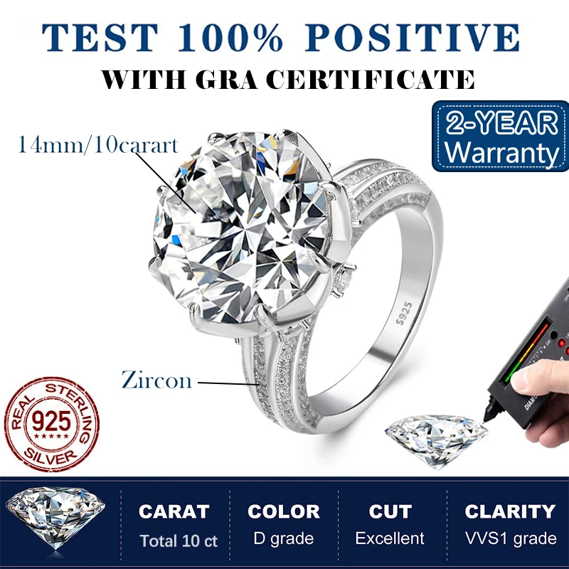 10CT D‑Color VVS1 Luxury Moissanite Ring for Women, 925 Sterling‑Silver Plated 18K White Gold Brilliant‑Sparkle Wedding Band, GRA‑Certified Fine Jewelry, Ideal Gift for Her