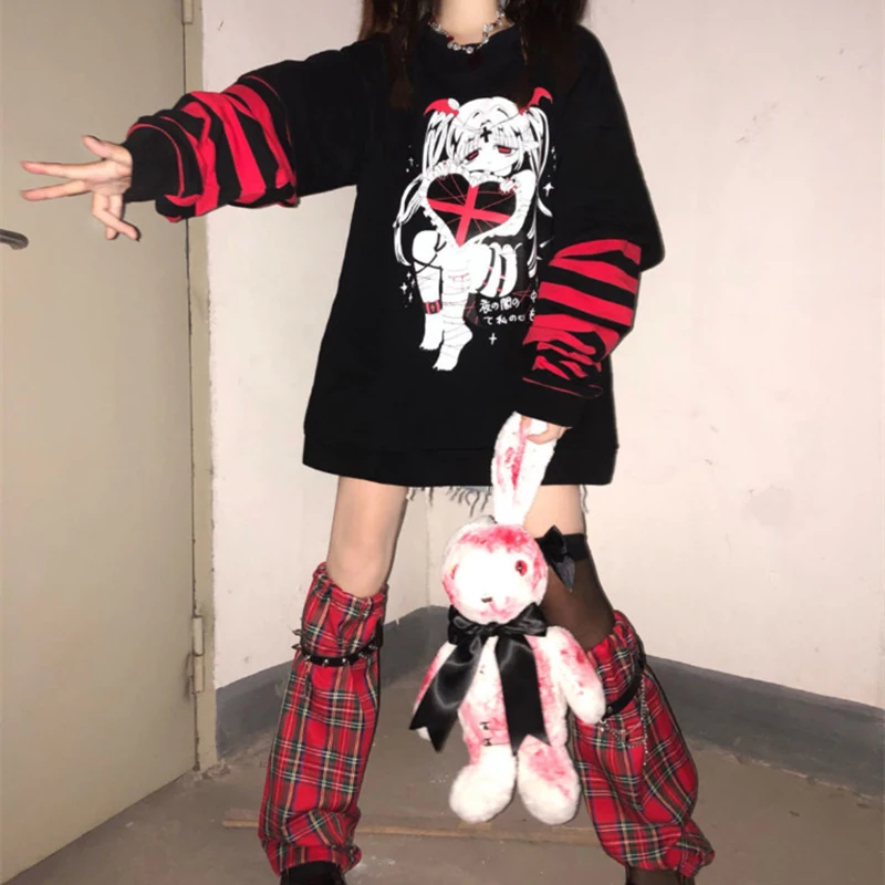 Spring Dark Academia Clothes Emo Anime Sweatshirt Women Striped Gothic T-shirt Long Sleeve Black Tops Y2K Grunge Harajuku Hoodie