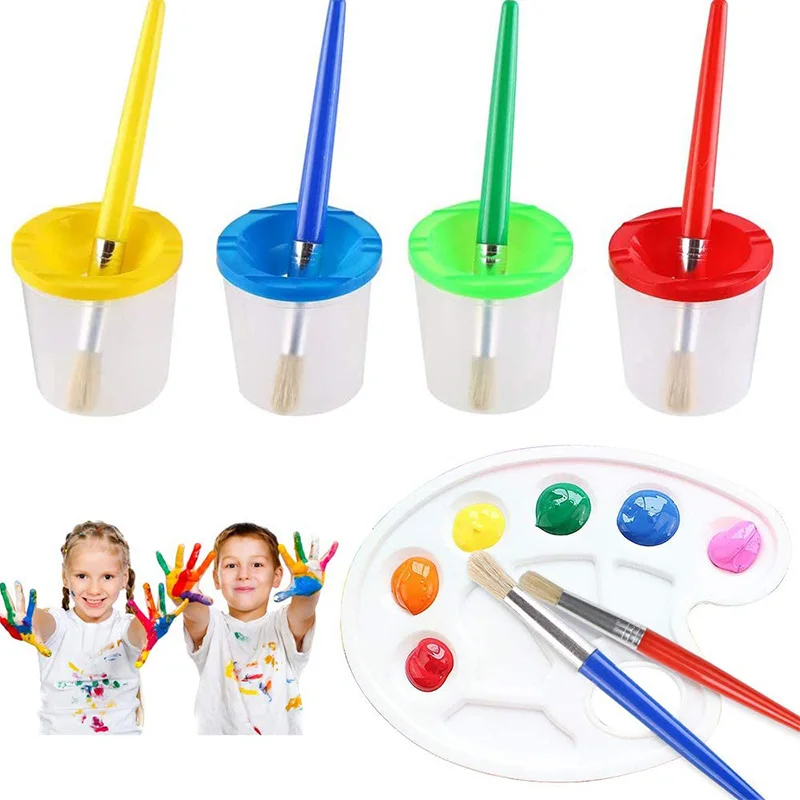 9 Pcs No Spill Paint Cups Set With Paint Brushes And Paint Tray Palette, Paint Cups With Lids For Kids Art Painting