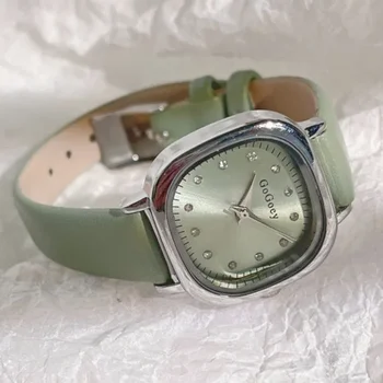 Brand Simple Small Square Green Quartz Watch Women Leather Strap Casual Fashion Versatile Vintage Wristwatches Dropshipping