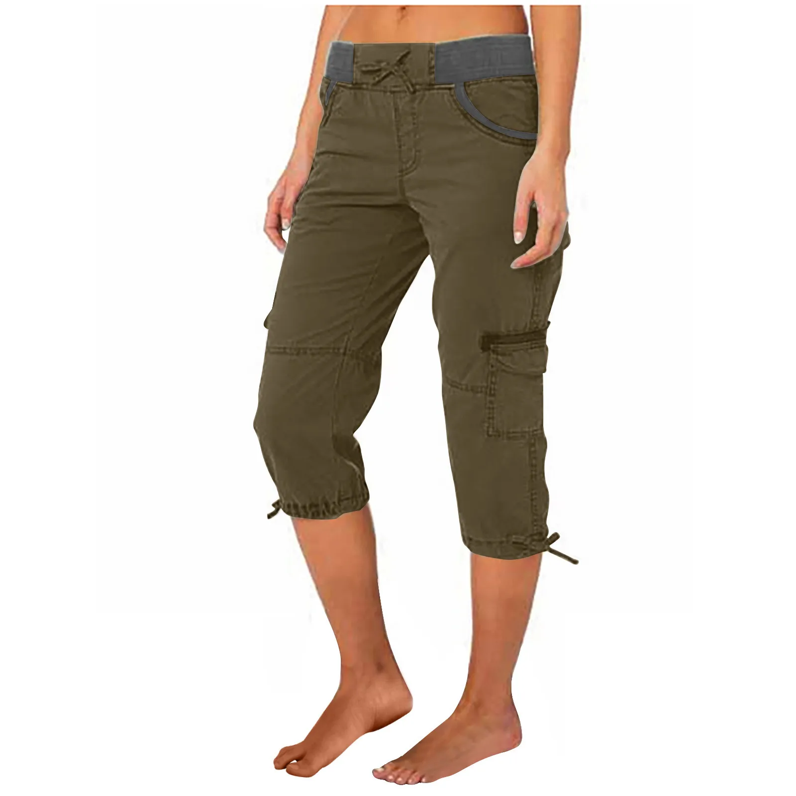 2026 Women's Summer Casual High Waist Drawstring Pocket Workwear Pants Solid Loose Wide Leg Extendable Cuffs 7-inch Pants Female