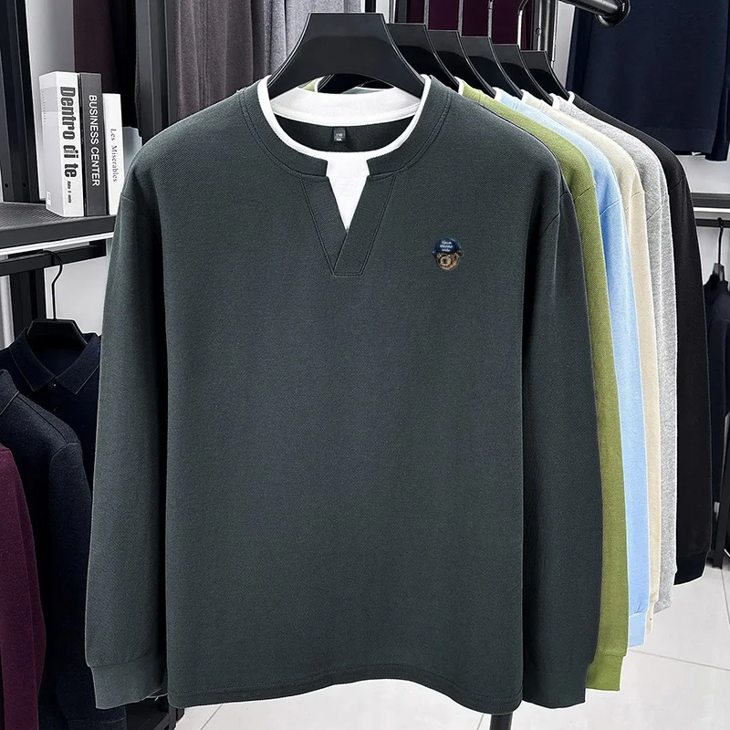 100% Baumwolle Herren Mode-Design Stickerei O-Ausschnitt T-Shirt Frühling Herbst Langarm Pullover Oberteile Business Komfort Herrenbekleidung – Detail 10