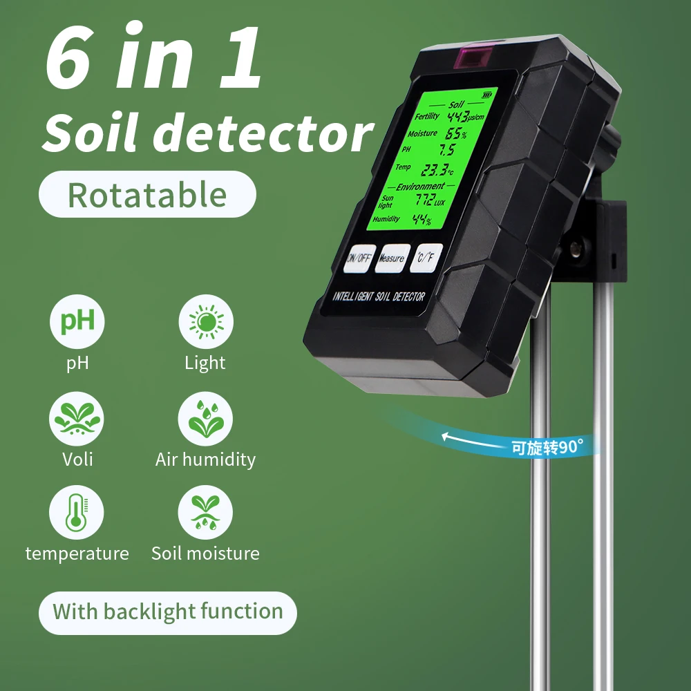 Digital 6 in 1 Soil Moisture Tester PH Meter Fertility Temperature Humidity Detector Sunlight Ambient Monitor for Plant Analyzer