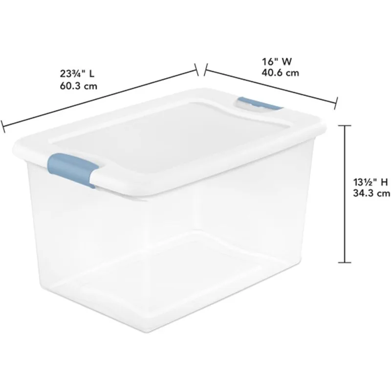 64 Qt Latching Storage Box, Stackable Bin with Latch Lid, Plastic Container to Organize Clothes in Closet, Clear with White Lid