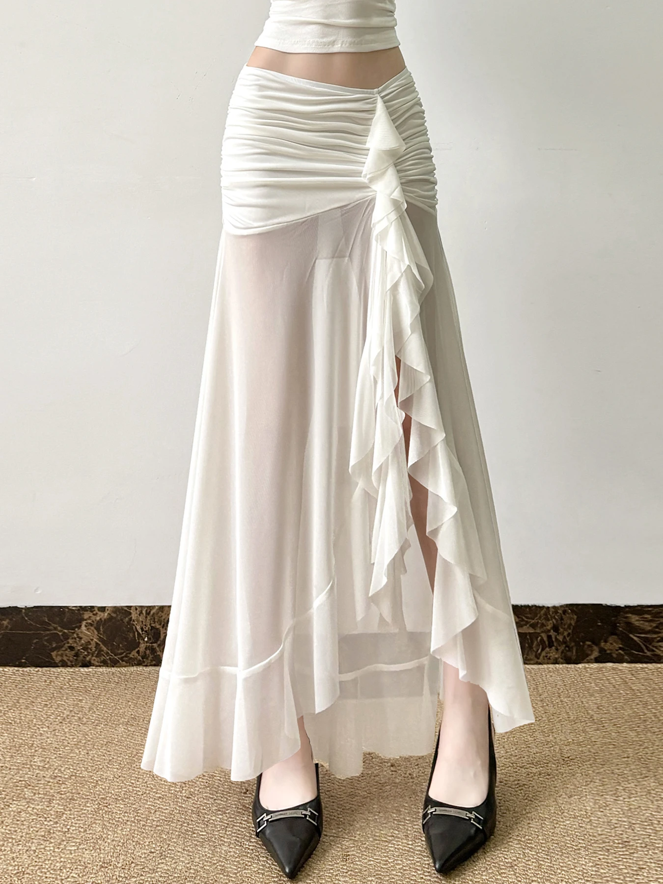 Rockmore Vacation Mesh See Through Long Skirts Sexy Summer Ruffle Split Pleated Wrap Skirt Elegant Fashion Women's Clothing 2025