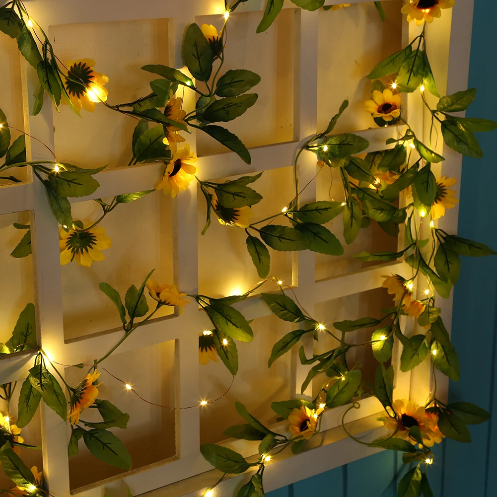 2/5/10m Solar LED Sunflower Leaf Fairy Light Strings Outdoor Garland Decoration Window Door Pendant Wedding Festival Party Decor