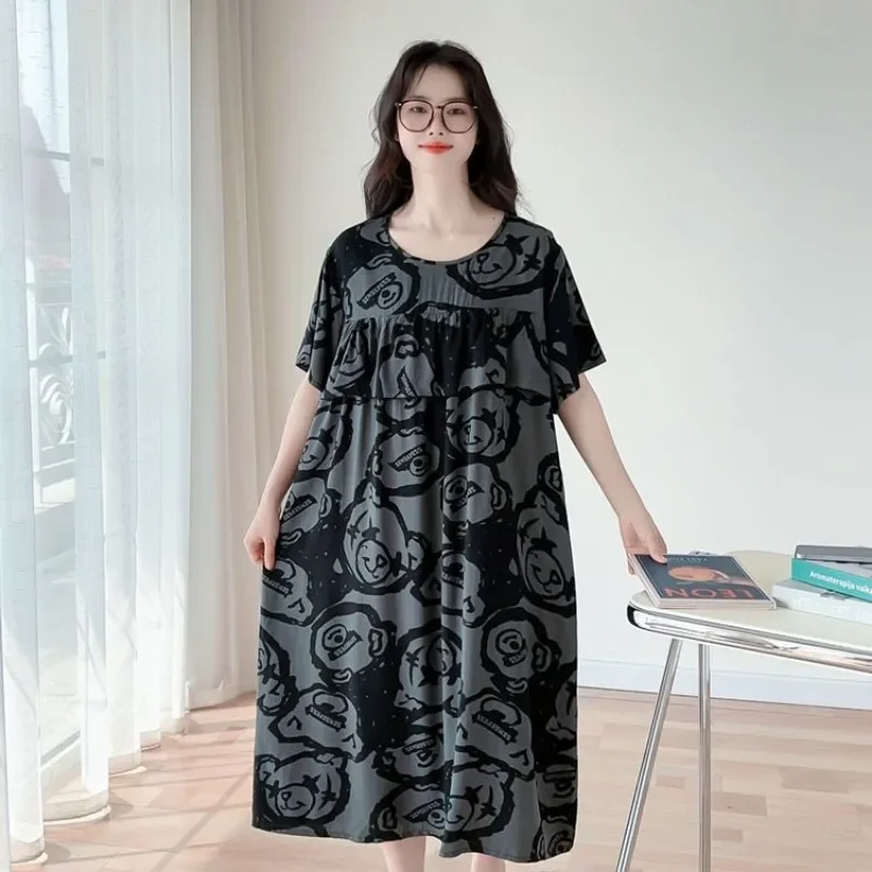 150KG Extra Large Loose Nightdress Women Summer Chest Pad Home Clothes Short Sleeve Nightgown Plus Size Sleepwear Outside Wear