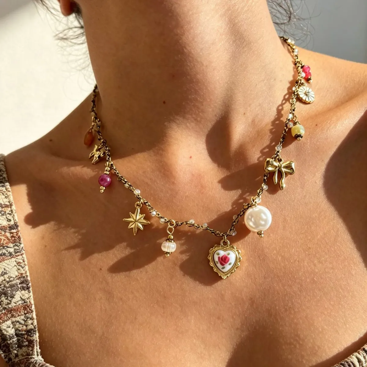 

Stainless Steel Love Imitation Pearl Enamel Acrylic Pendant Necklace Women's Personalized Creativity Collarbone Chain Jewelry