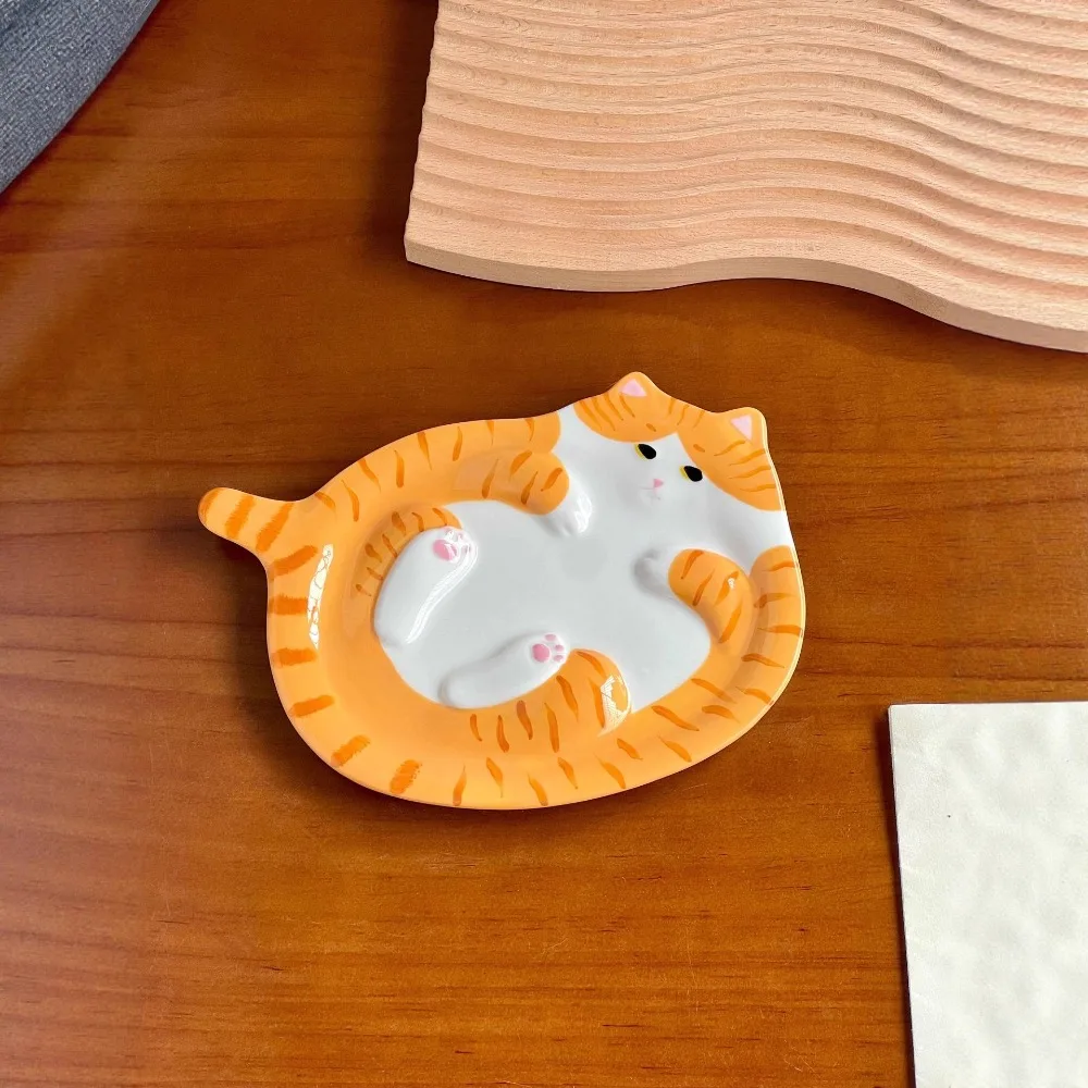 Cute Cat Modeling Ceramic Plate 3D Embossed Kitten Fruit Dessert Plate Creative Cartoon Tableware Kitchen Breakfast Tray