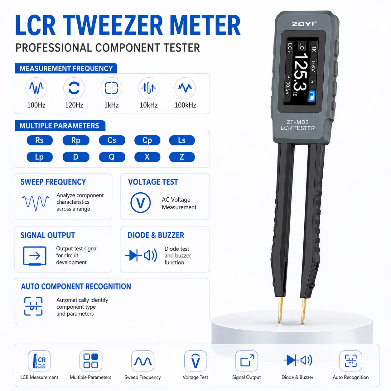 ZOYI ZT-MD2 100kHz Smart LCR/ESR Tweezers Auto ID R C L ESR Diode Voltage for SMD Repair