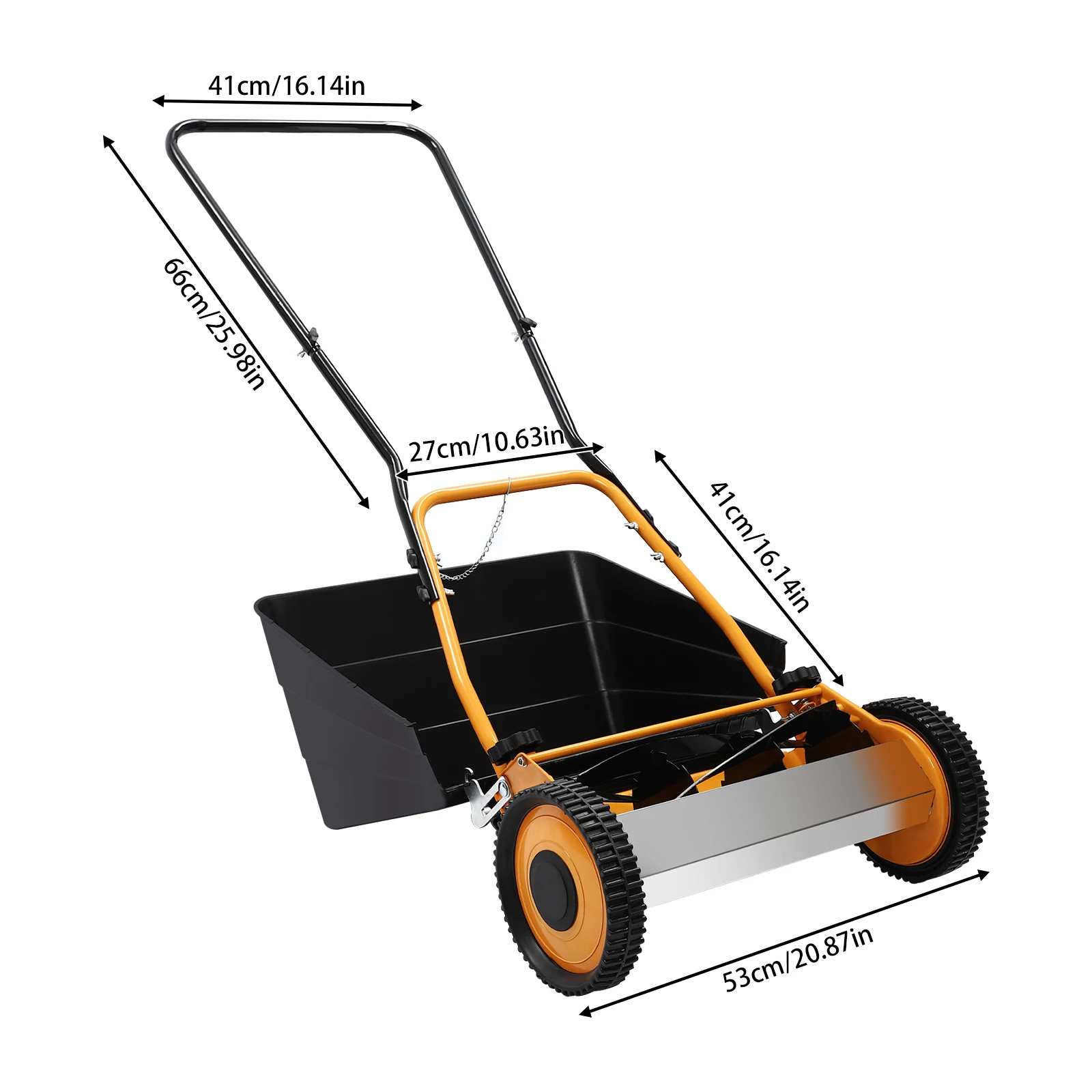 16inch Hand Push Lawn Mower Orange Aluminum Wheeled Lawn Mower for Park Landscaping Grassland Woodland Gardens