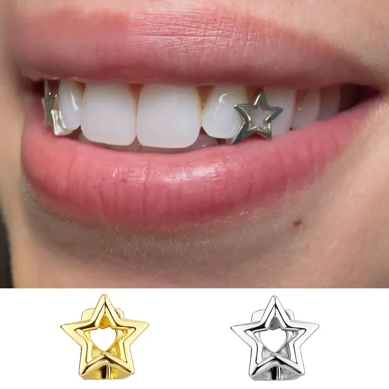 

Punk Hollow Pentagram Star Grillz Teeth Caps Gold Silver Color Men Women Halloween Jewelry Accessory
