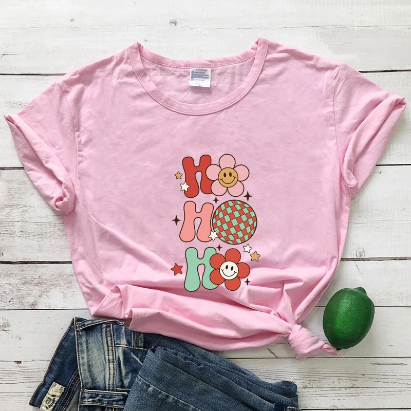 colored christmas ho ho ho tshirt vintage women short sleeve groovy christmas top tee shirt