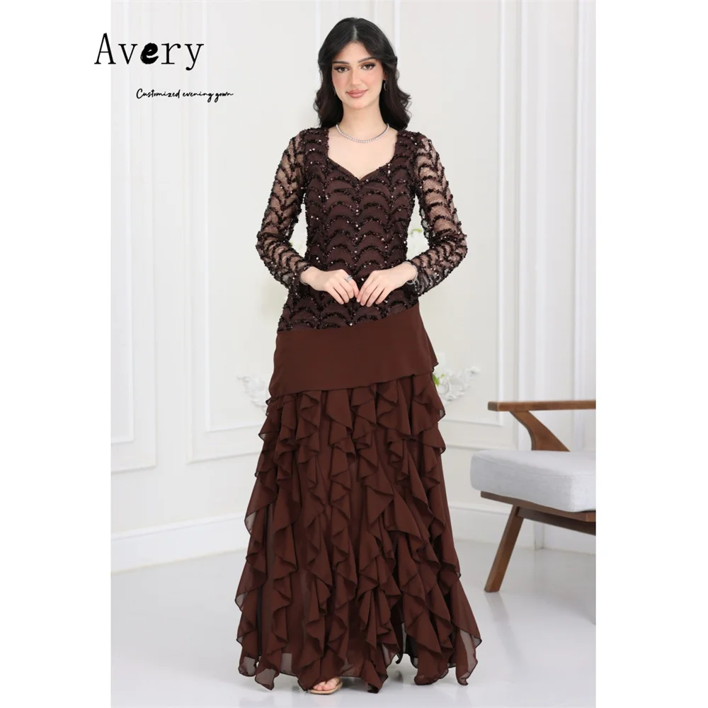 

Avery Customized Brown A-line Long Sleeves V-neck Evening Dresses 2025 Luxury Woman Elegant Evening Dress Women's Ball Gown Prom