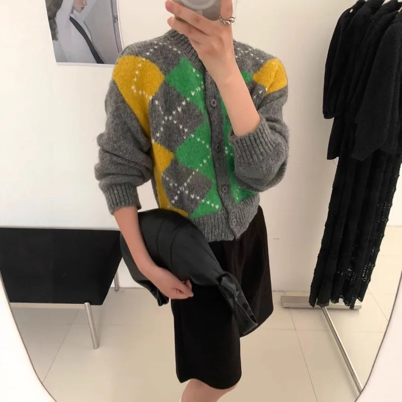 

Новый вязаный кардиган с цветными блоками и ромбовидной сеткой, классический контрастный свитер, куртка для женщин, женская одежда в ленивом стиле